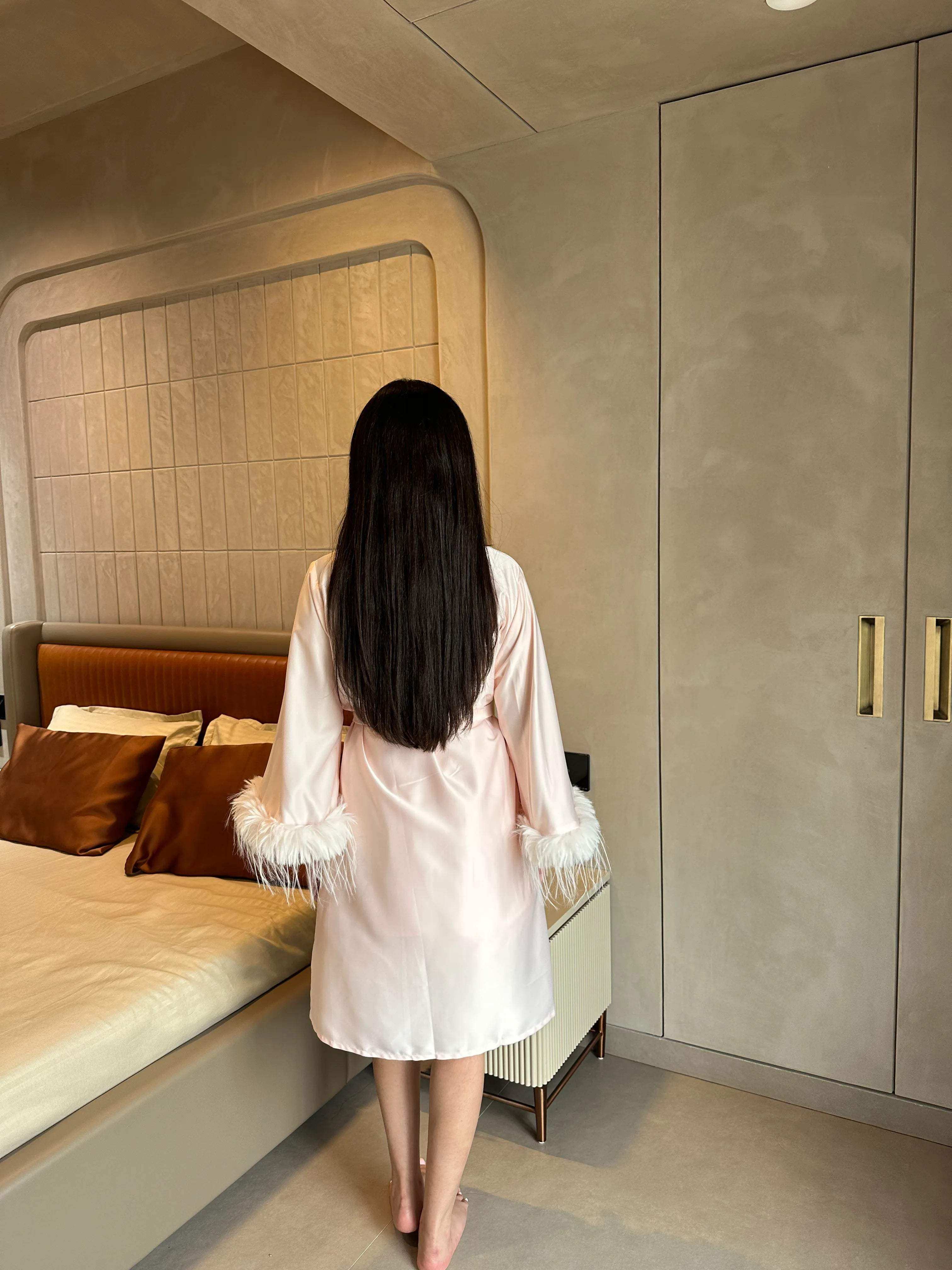 Velure Dreamy Peach Robe (Only Robe) - Velure - - 3/4 Length, Center Drawstring, Robe, Satin