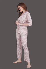 Velure Abstract Swirl Print Satin Night Suit - Velure - Shirt and Pant - 3/4 Sleeves, Collar Neck, Front Button Open, Full Length Pant, Satin