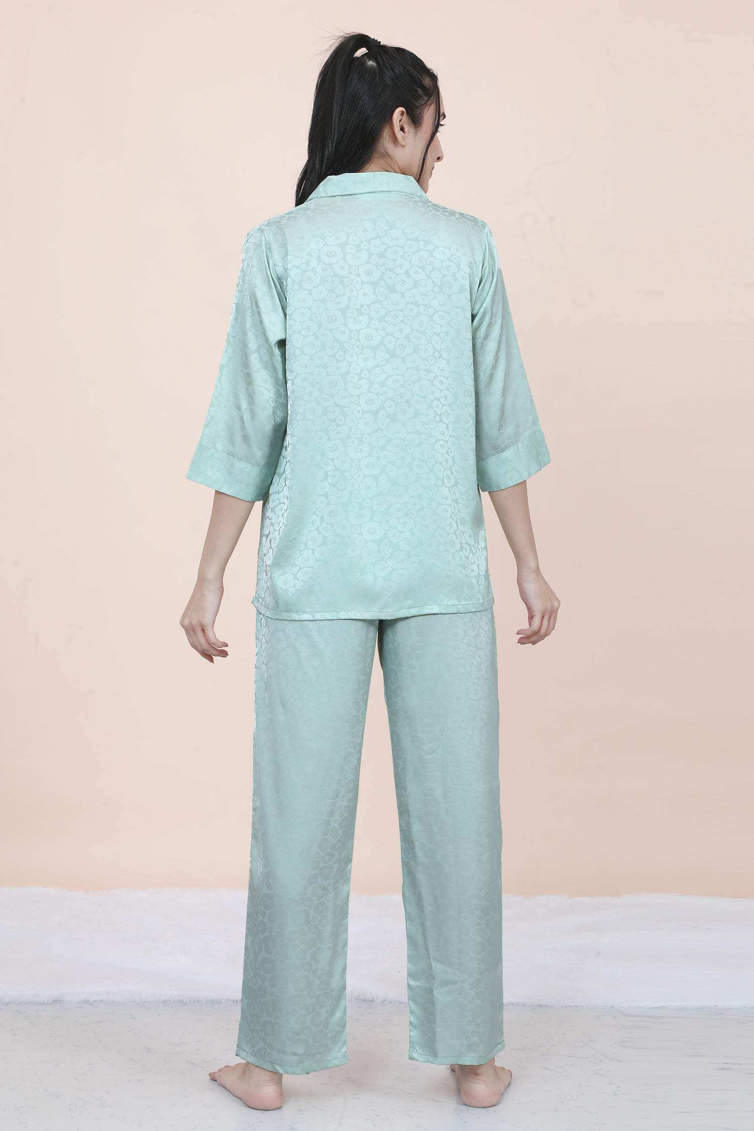 Velure Abstract Floral Print Satin Night Suit - Velure - - 3/4 Sleeves, Collar Neck, Floral Print, Front Button Open, Full Length Pant, Satin