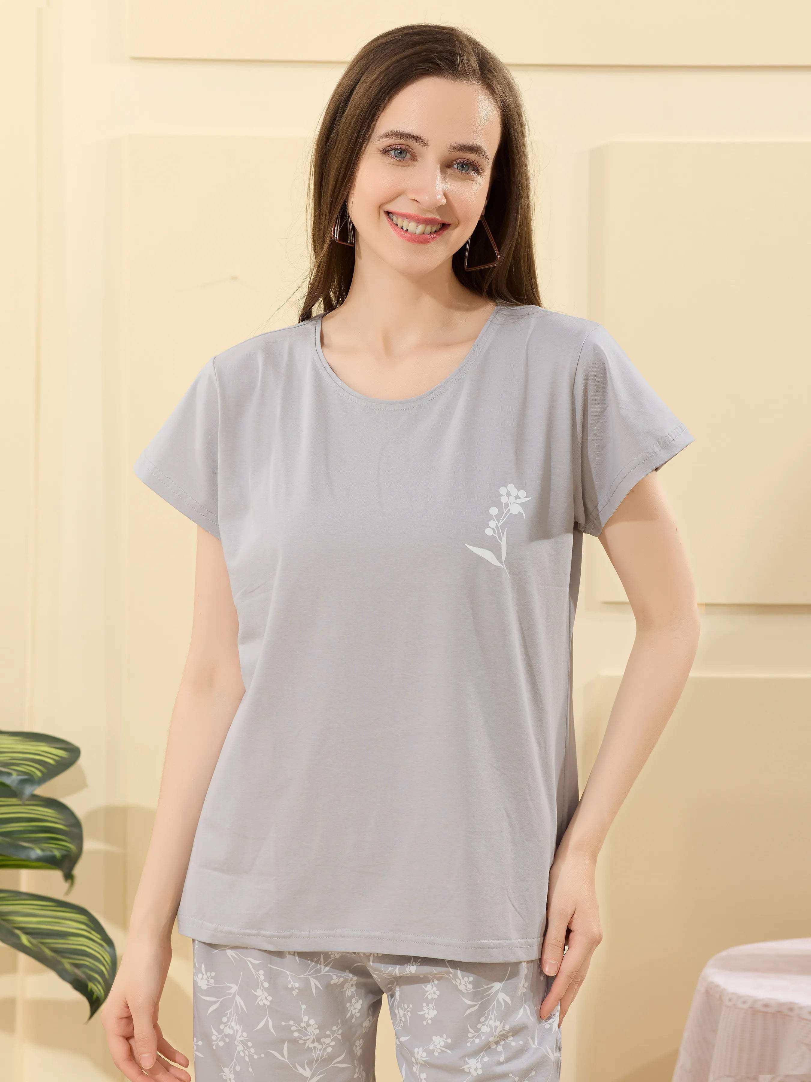 Velure Radiant Grey Floral Printed Pajama Set - Velure - - Cotton Lycra Fabric, Full Length Pant, Half Sleeves, Round neck nightsuit