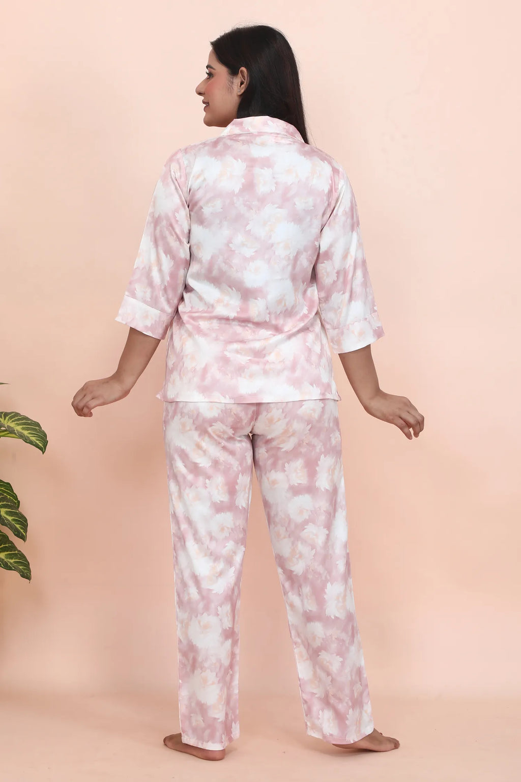 Velure Glamorous Rose Print Night Suit - Velure - - 3/4 Sleeves, Collar Neck, Floral Print, Front Button Open, Full Length Pant, Satin