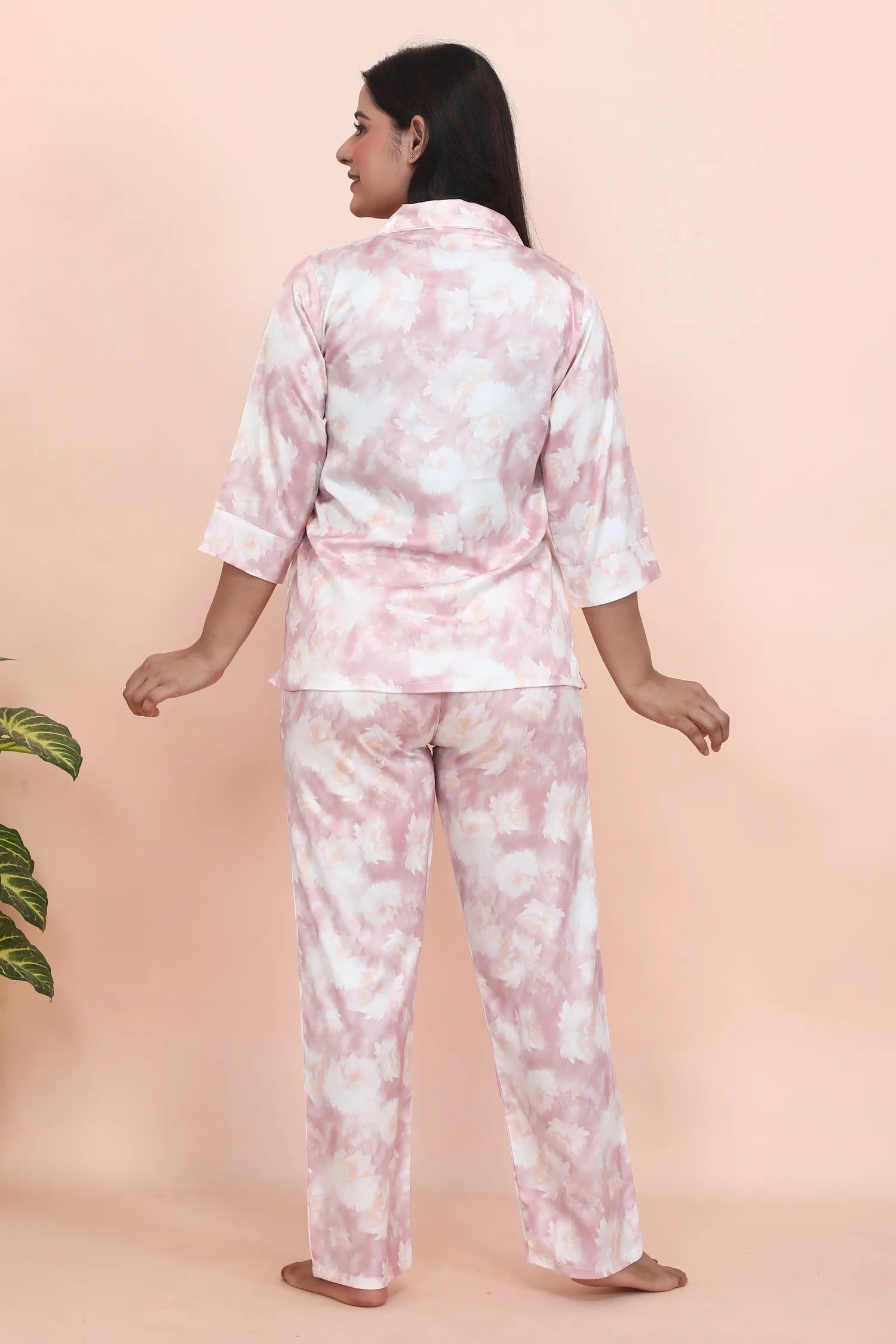Velure Glamorous Rose Print Night Suit - Velure - - 3/4 Sleeves, Collar Neck, Floral Print, Front Button Open, Full Length Pant, Satin