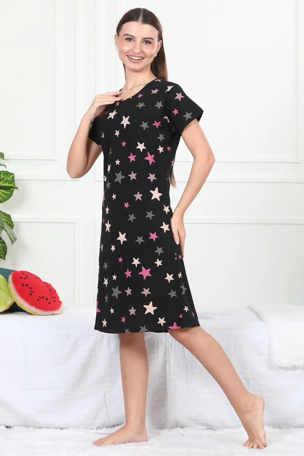 Velure Glossy Black Star Print Short Nighty - Velure - - Cotton, Half Sleeves, Knee Length, Printed, Round neck