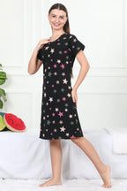 Velure Glossy Black Star Print Short Nighty - Velure - - Cotton, Half Sleeves, Knee Length, Printed, Round neck