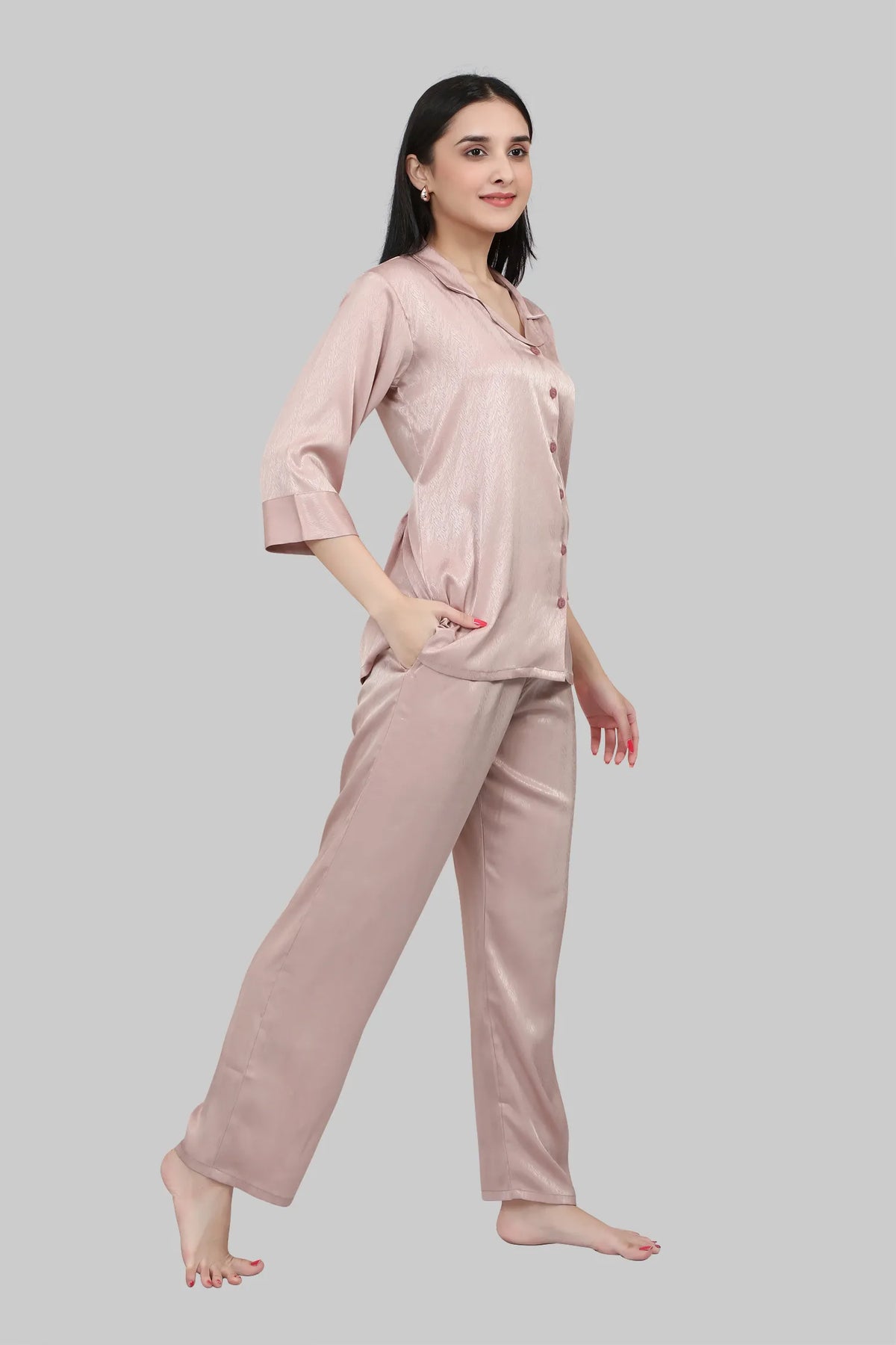 Velure Classic Shiny Satin Night Suit - Velure, , Elevate your sleepwear selection with the Velure Classic Shiny Satin Night Suit. Crafted from silky satin material, this night suit offers a soothing and luxurious sensation on the skin. With its delightful printed design, it exudes an added touch of appeal. Combining both fashion and comfort, it is an exceptional choice for your sleepwear repertoire.