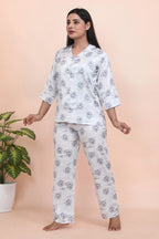 Velure Rose Print Night Suit - Velure - - 3/4 Sleeves, Collar Neck, Floral Print, Front Button Open, Full Length Pant, Satin