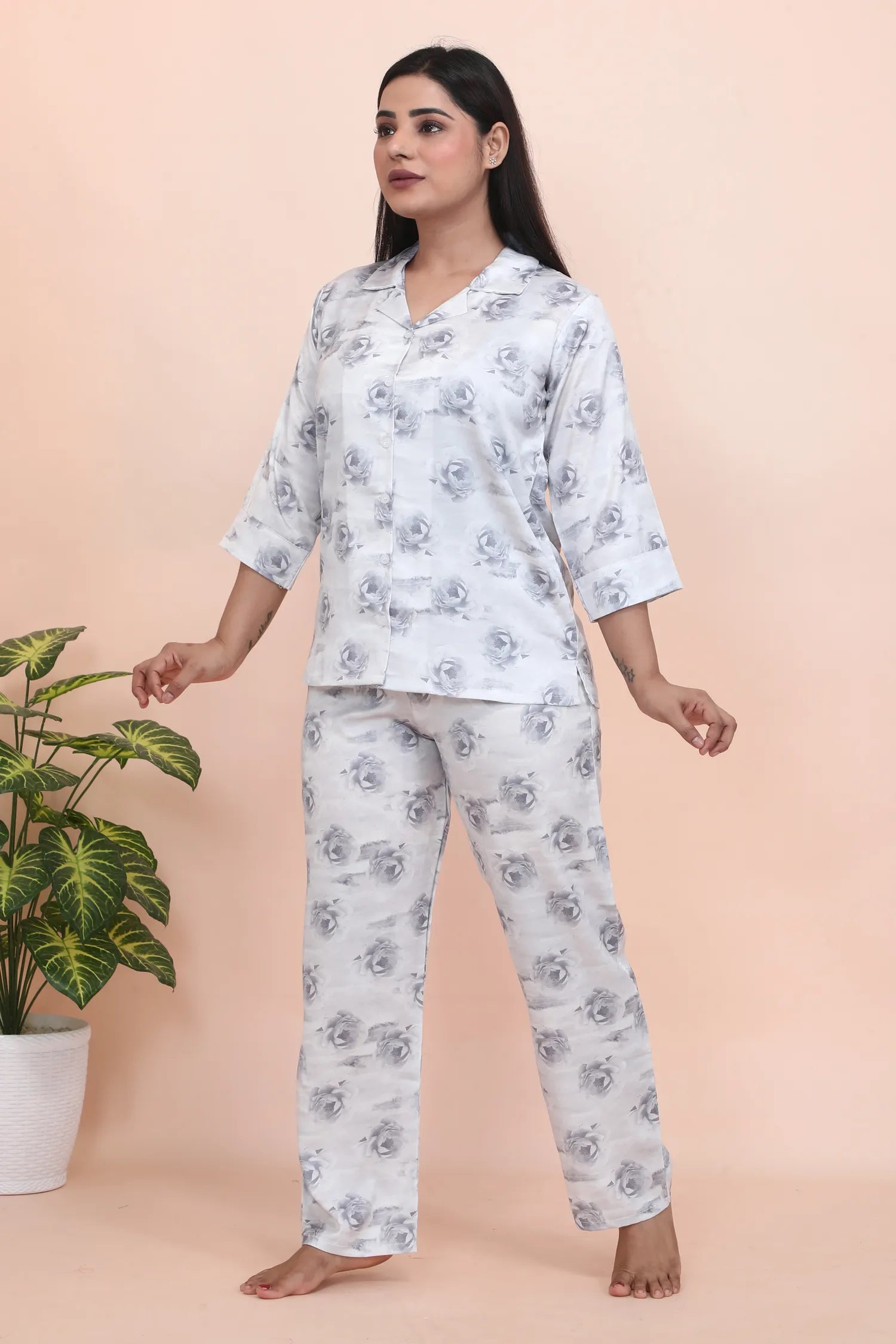 Velure Rose Print Night Suit - Velure - - 3/4 Sleeves, Collar Neck, Floral Print, Front Button Open, Full Length Pant, Satin