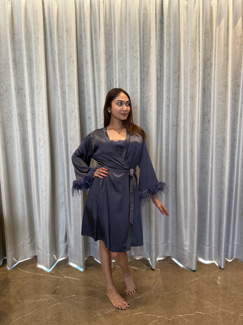 Velure Dark Grey Satin 3 Piece Robe Set - Velure - - Fur, Robe, Satin, Shorts, Spaghetti