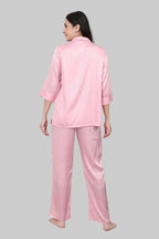 Velure Glossy Pink Satin Night Suit - Velure - - 3/4 Sleeves, Collar Neck, Front Button Open, Full Length Pant, Satin