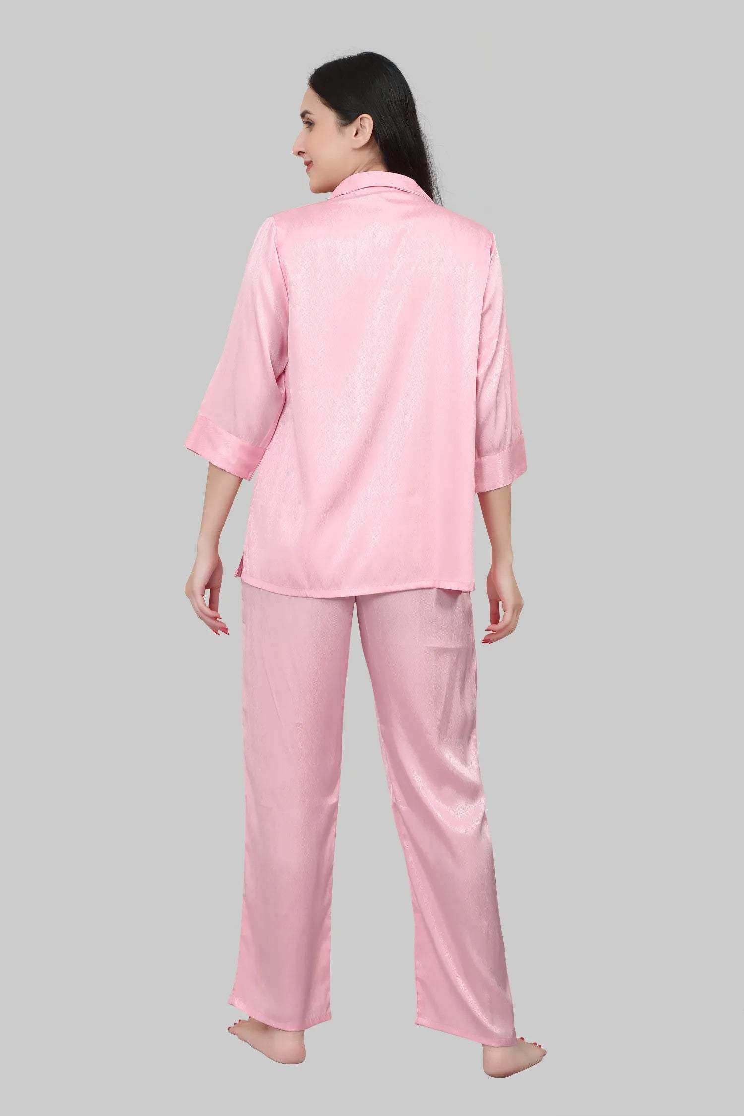 Velure Glossy Pink Satin Night Suit - Velure - - 3/4 Sleeves, Collar Neck, Front Button Open, Full Length Pant, Satin