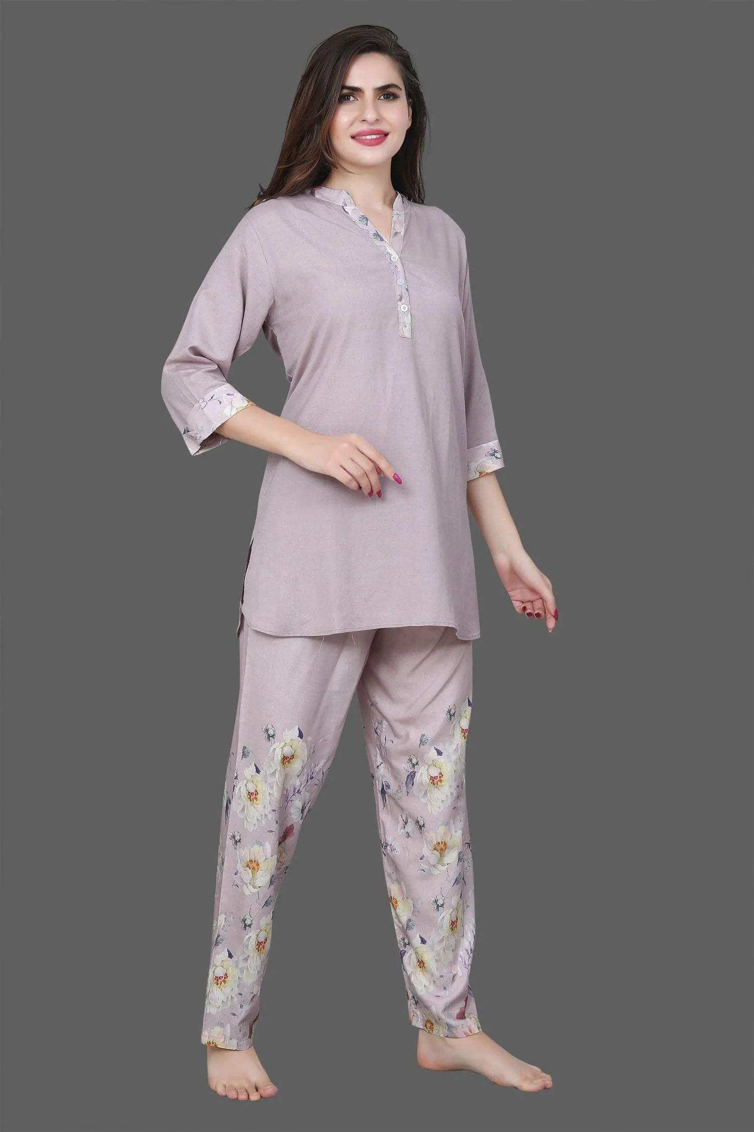 Velure Sleek Floral Print Kurti Style Night Suit - Velure - - 3/4 Sleeves, Collar Neck, Full Length Pant, Linen, Printed
