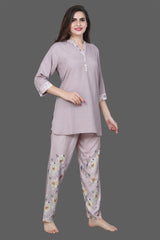 Velure Sleek Floral Print Kurti Style Night Suit - Velure - Long Top and Pant - 3/4 Sleeves, Collar Neck, Full Length Pant, Linen, Printed