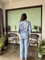 Velure Timeless Flamingo Print Cotton Night Suit - Velure - - 3/4 Sleeves, Collar Neck, Cotton, Front Button Open, Full Length Pant