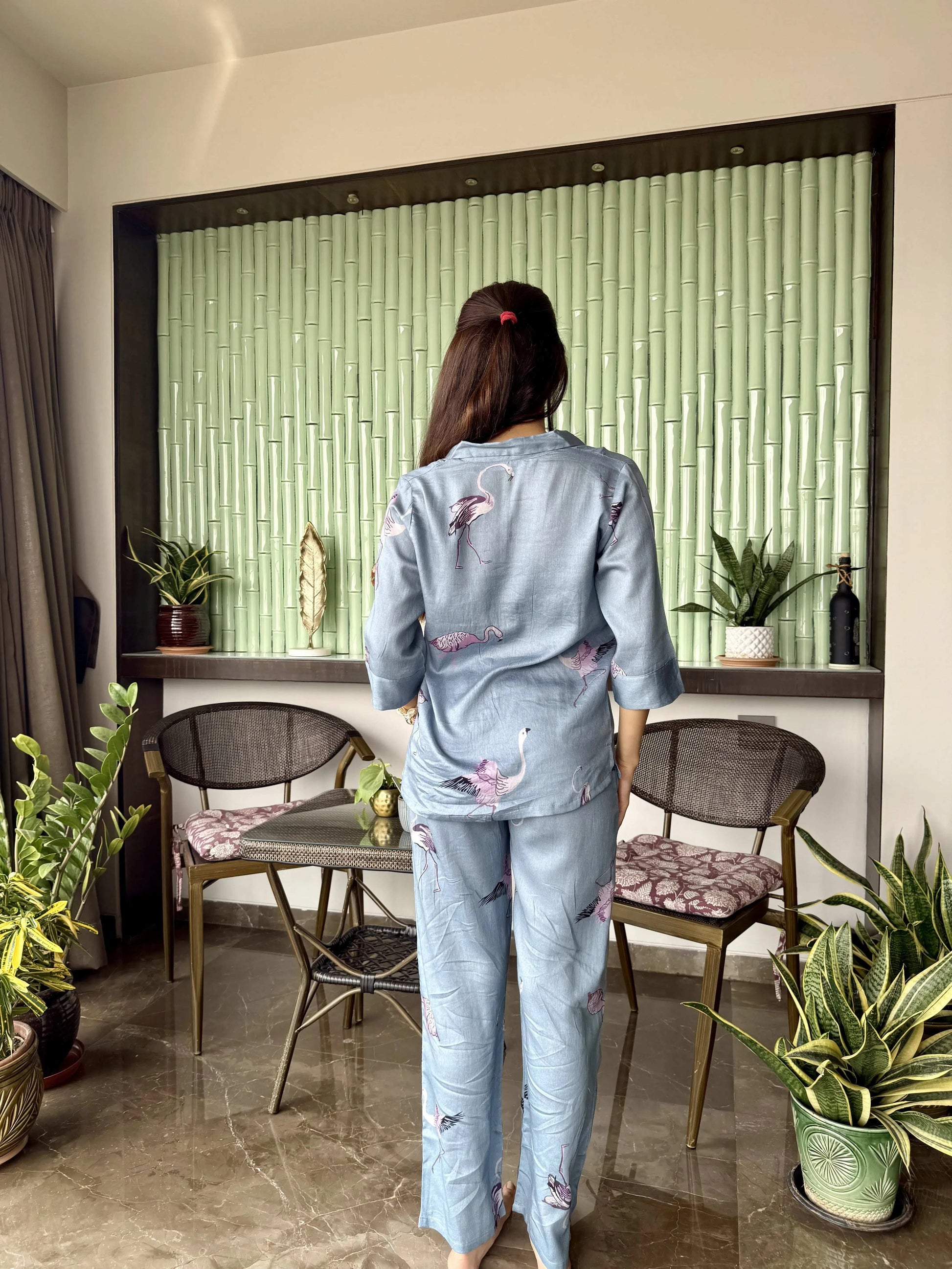 Velure Timeless Flamingo Print Cotton Night Suit - Velure - - 3/4 Sleeves, Collar Neck, Cotton, Front Button Open, Full Length Pant