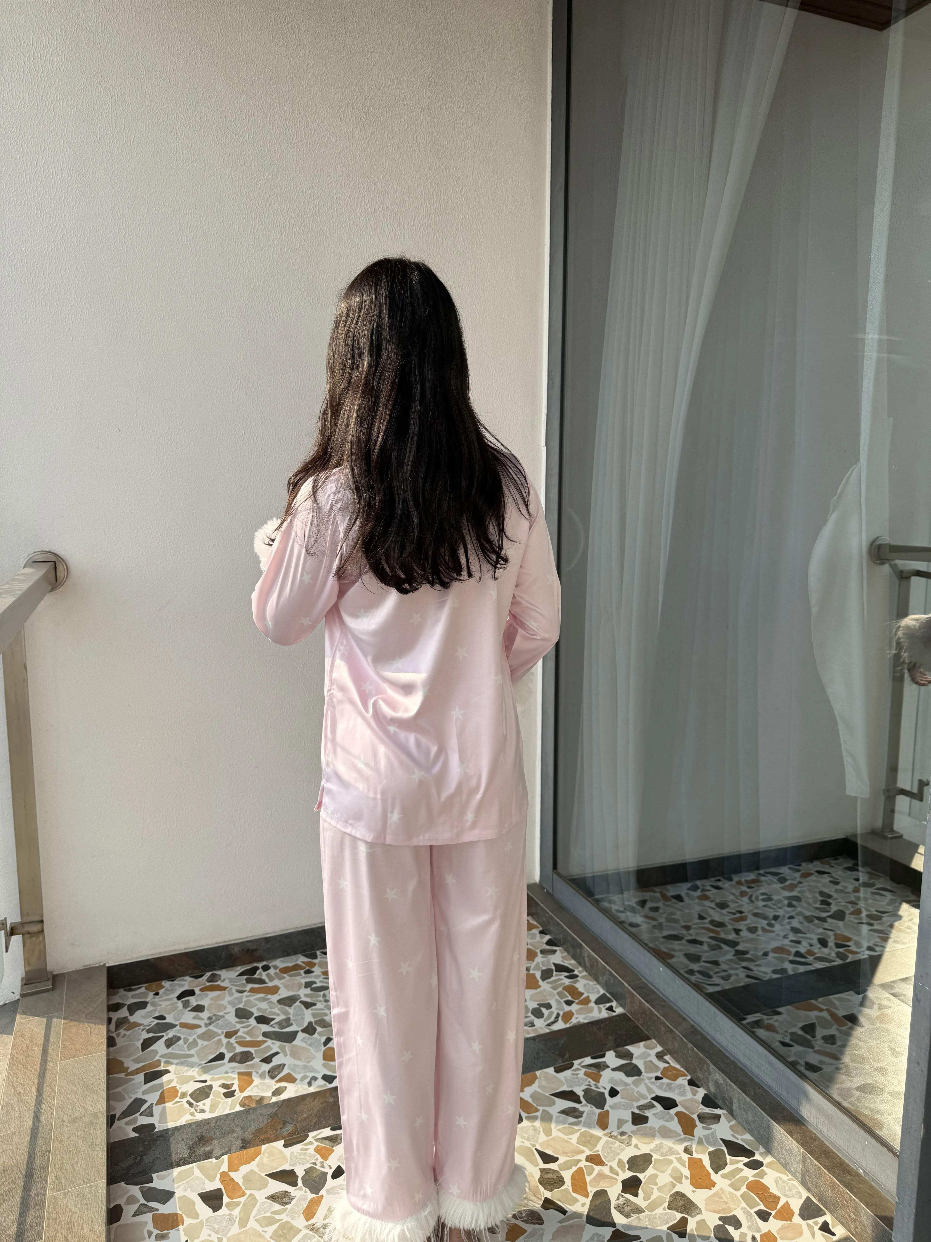 Velure Adorable Star Print Satin Night Suit - Velure - - Detail-printedfur, Front Button Open, Full Length Pant, Fur, Satin