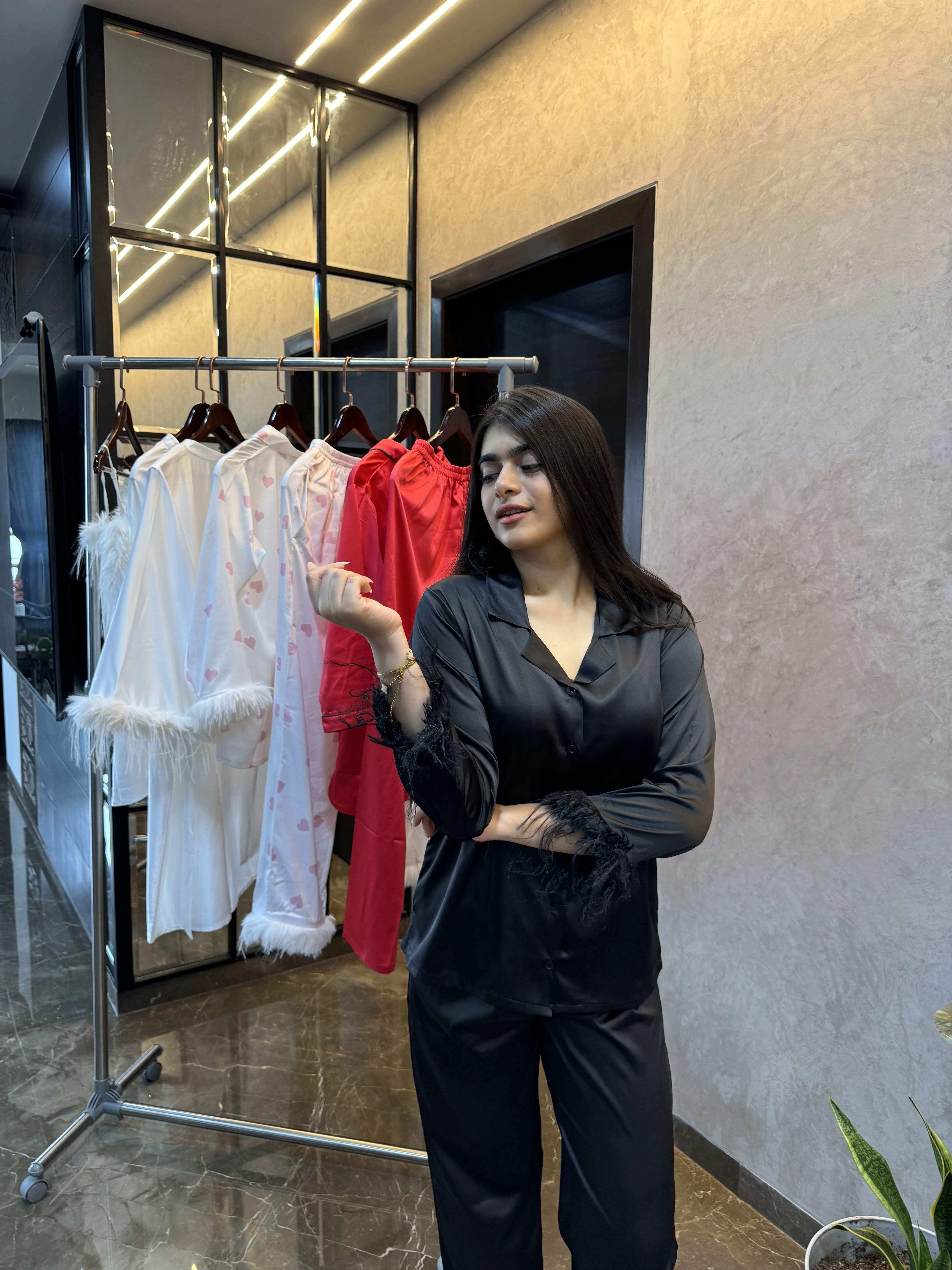 Velure Majestic Fur Night Suit - Velure - Shirt and Pant - Collar Neck, Detail-plainfur, Front Button Open, Full Length Pant, Full Sleeves, Fur, Satin