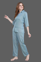 Velure Solid Blue Casual Co-ord Set - Velure - - 3/4 Sleeves, Collar Neck, Cotton, Front Button Open, Full Length Pant
