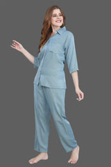 Velure Solid Blue Casual Co-ord Set - Velure - Co-ord Sets - 3/4 Sleeves, Collar Neck, Cotton, Front Button Open, Full Length Pant