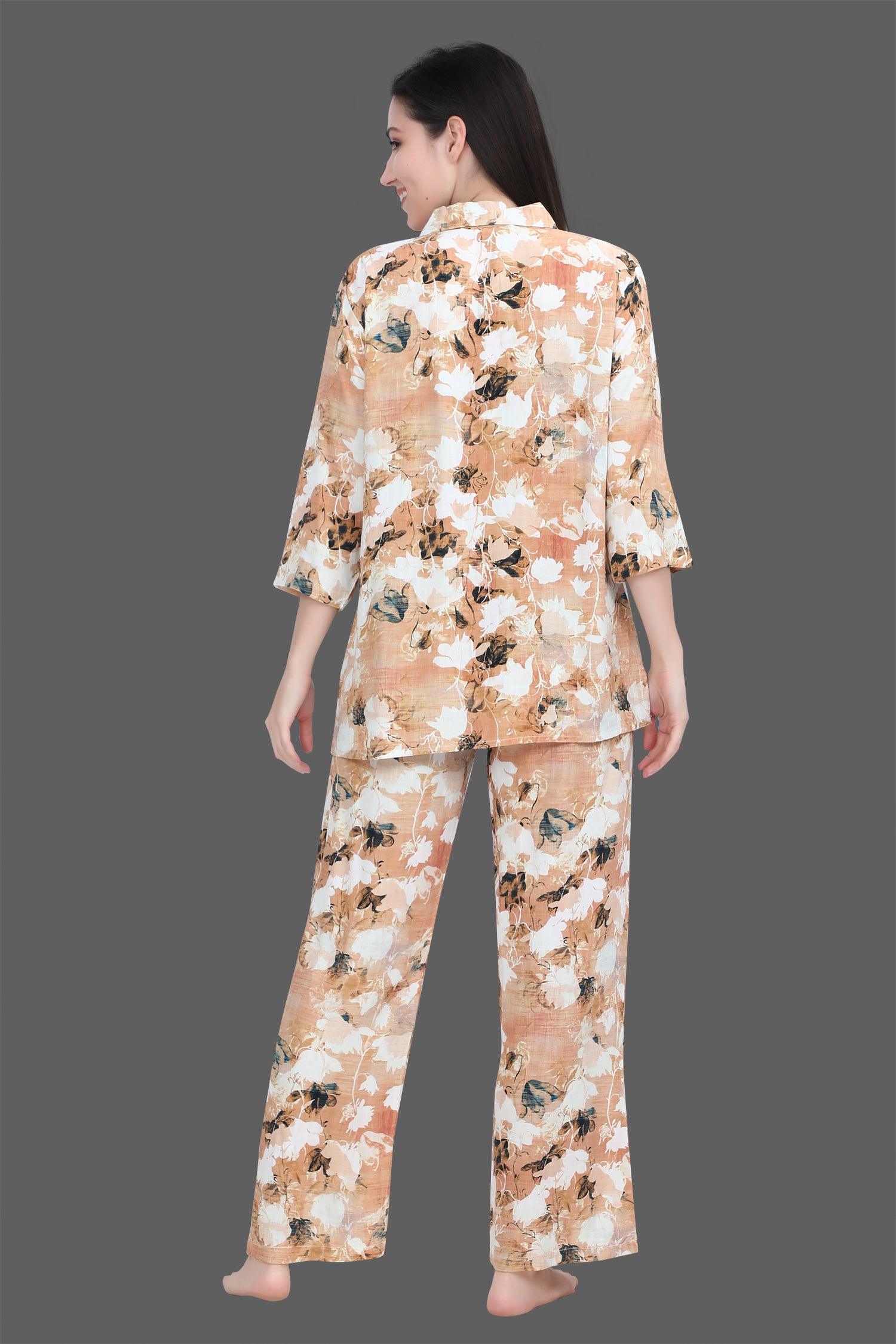 Velure Classic Floral Print Palazzo Co-ord Set - Velure - Long Top and Pant - 3/4 Sleeves, Collar Neck, Front Button Open, Full Length Pant, Linen