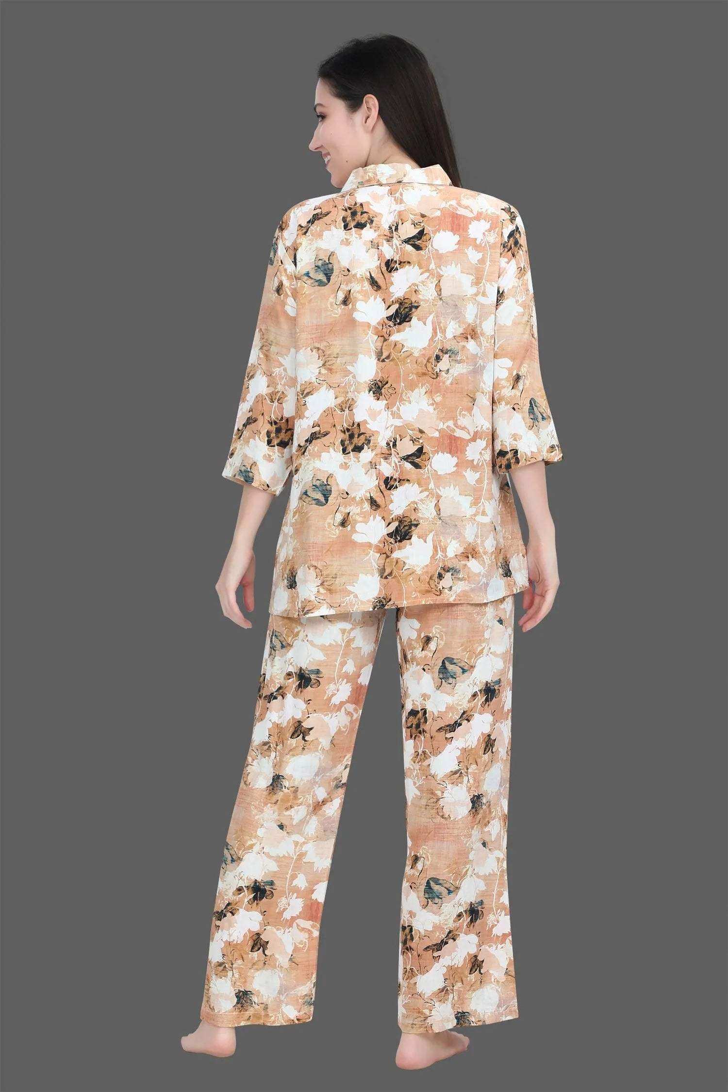 Velure Classic Floral Print Palazzo Co-ord Set - Velure - - 3/4 Sleeves, Collar Neck, Front Button Open, Full Length Pant, Linen