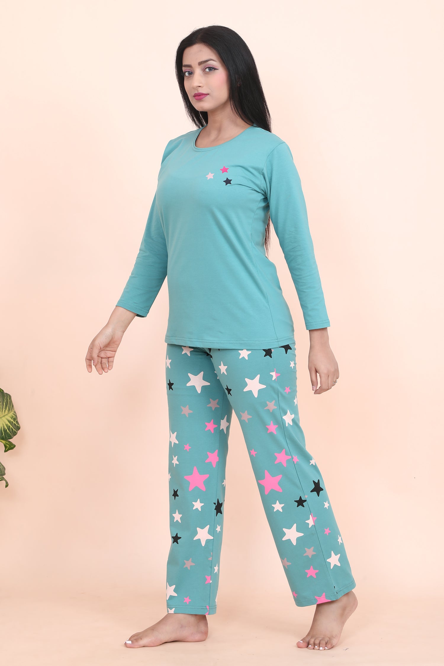 Velure Classic Star Print Full Sleeves Pajama Set - Velure - - Cotton Lycra Fabric, Full Length Pant, Full Sleeves, Round neck nightsuit