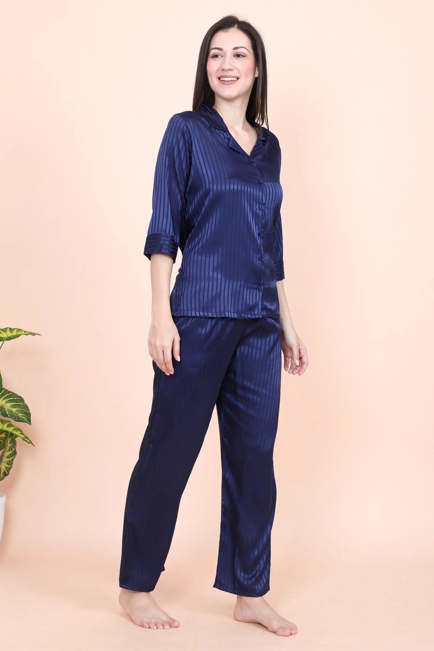 Velure Blue Casual Stripes Satin Night Suit