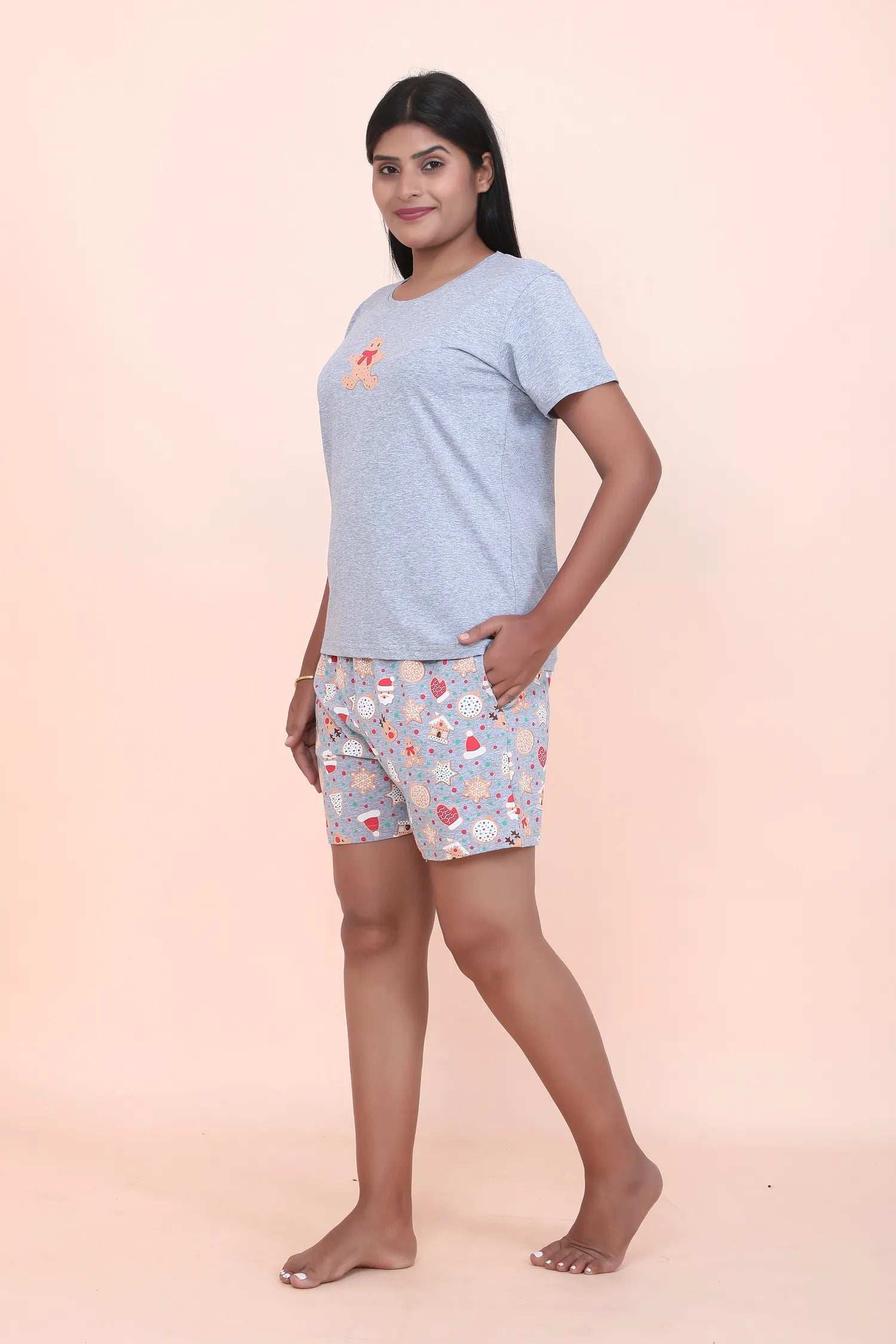 Velure Playful Gingerbread Print Shorts Set - Velure - - Cotton, Cotton Lycra Fabric, Half Sleeves, Printed, Round neck