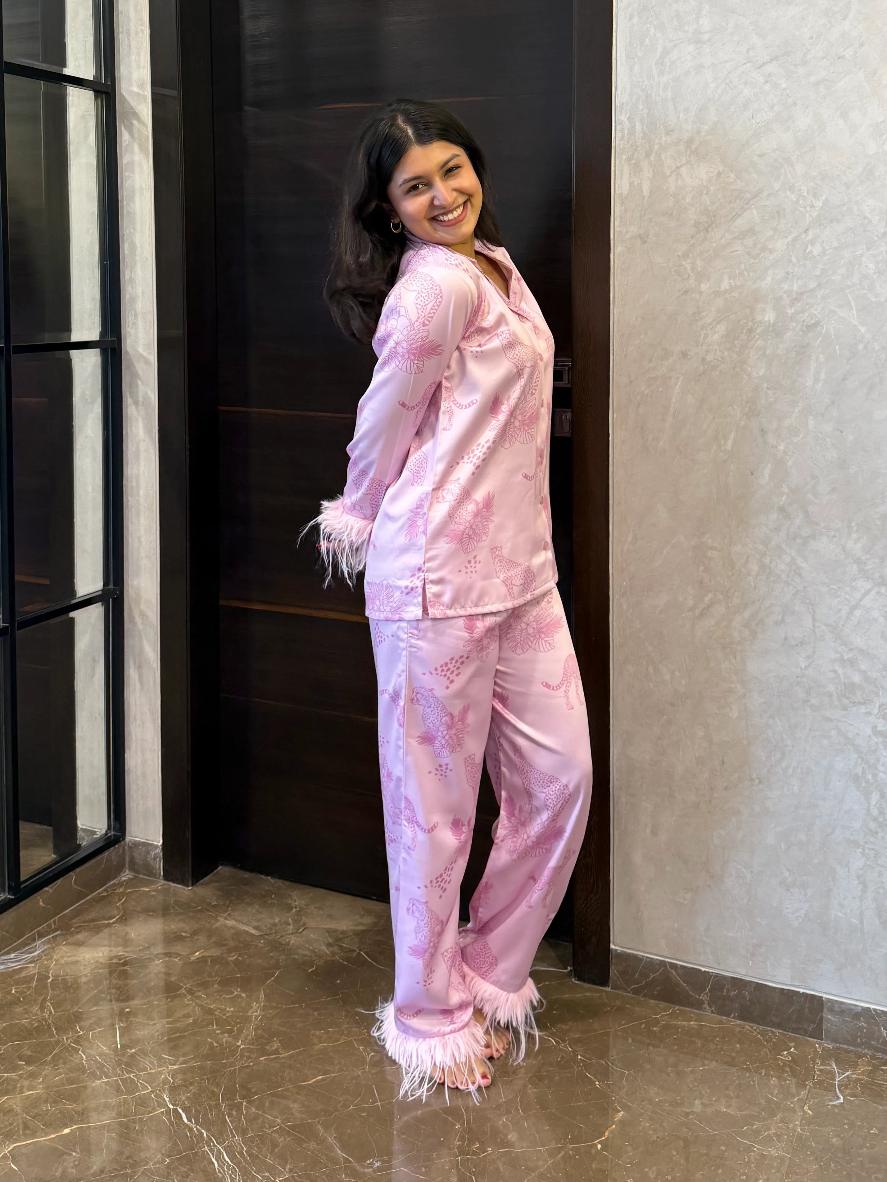 Velure Trendy Cheetah Print Satin Sleepwear Set