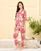 Velure Stylish Floral Print Night Suit - Velure - - 3/4 Sleeves, Collar Neck, Floral Print, Front Button Open, Full Length Pant, Satin