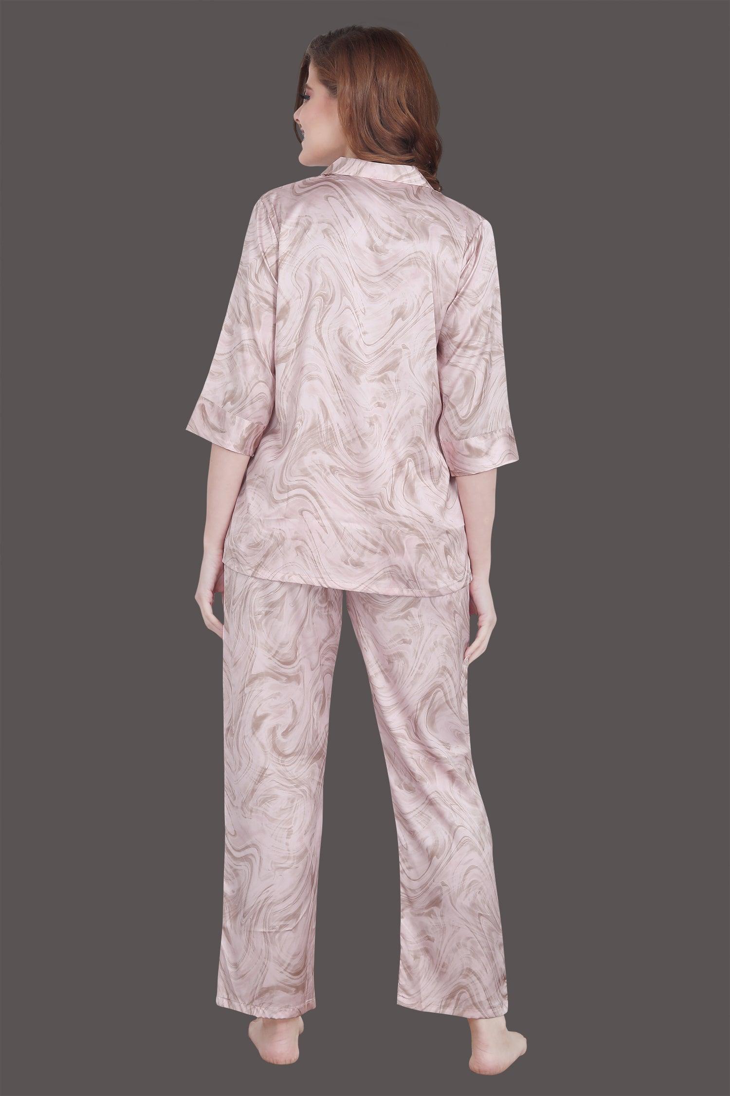 Velure Abstract Swirl Print Satin Night Suit - Velure - Shirt and Pant - 3/4 Sleeves, Collar Neck, Front Button Open, Full Length Pant, Satin