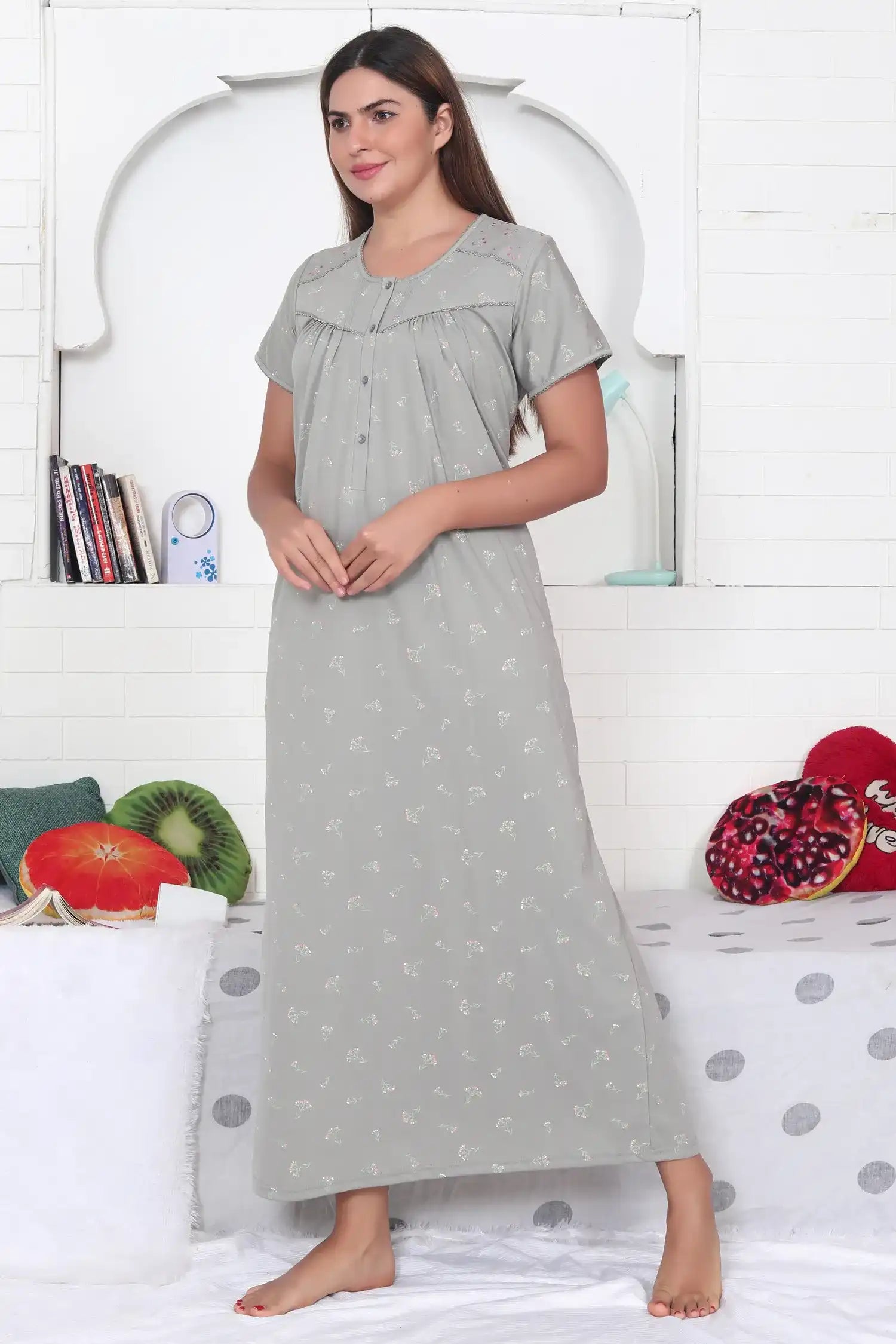 Velure Grey Trendy Floral Print Hosiery Nighty