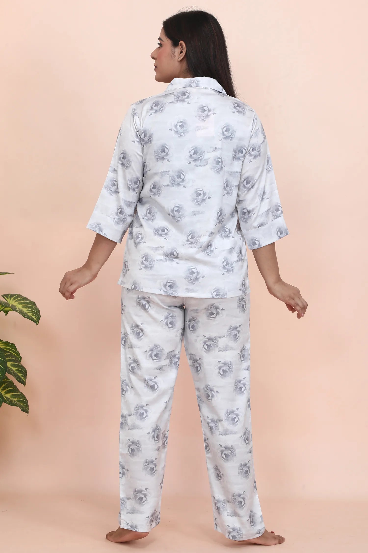 Velure Rose Print Night Suit - Velure - - 3/4 Sleeves, Collar Neck, Floral Print, Front Button Open, Full Length Pant, Satin