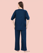 Velure Stylish Teal Blue Kurti Style Night Suit - Velure - - 3/4 Sleeves, Collar Neck, Cotton, Front Button Open, Full Length Pant