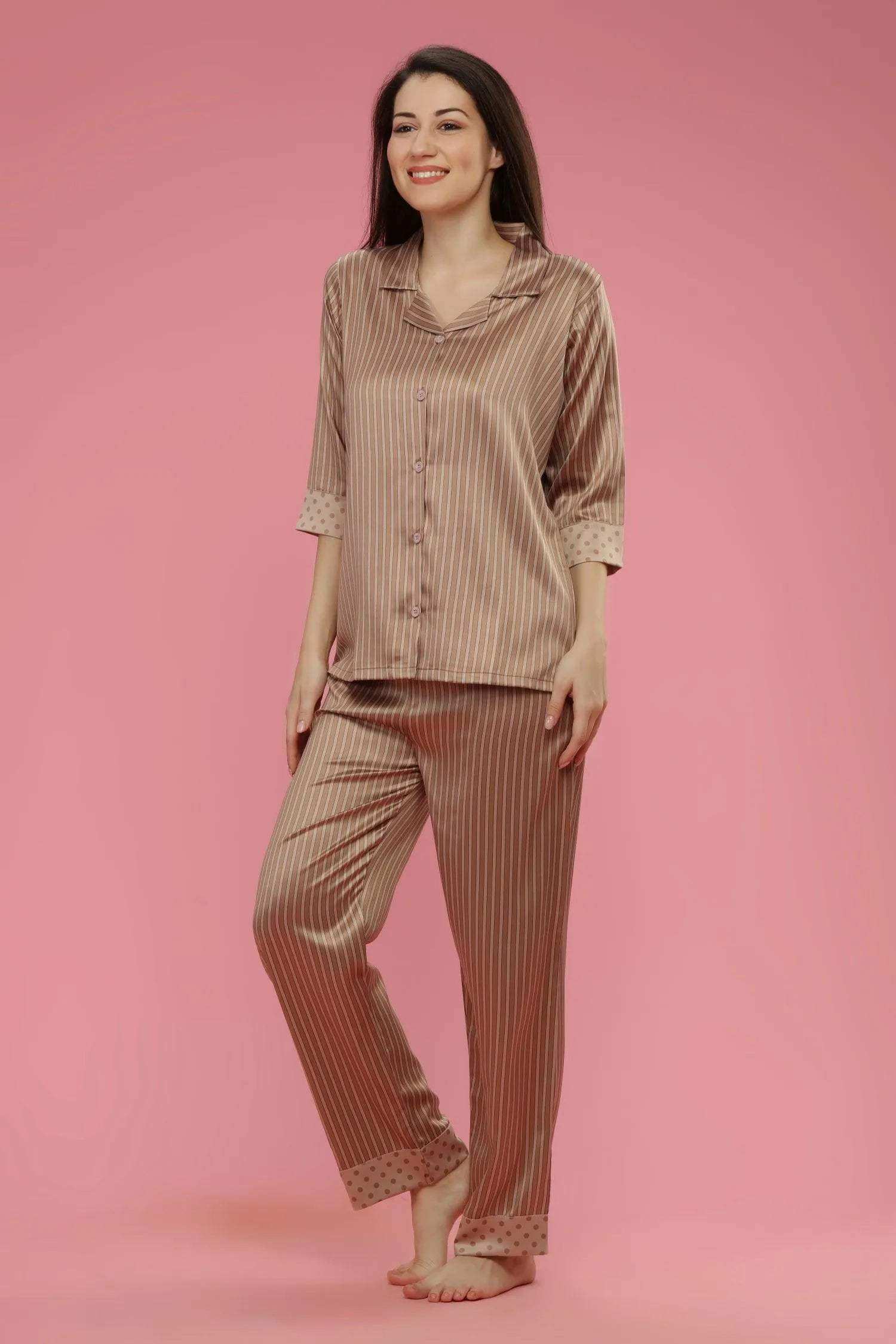 Velure All Over Stripes Satin Set - Velure - Shirt and Pant - 3/4 Sleeves, Collar Neck, Front Button Open, Full Length Pant, Satin, Stripes