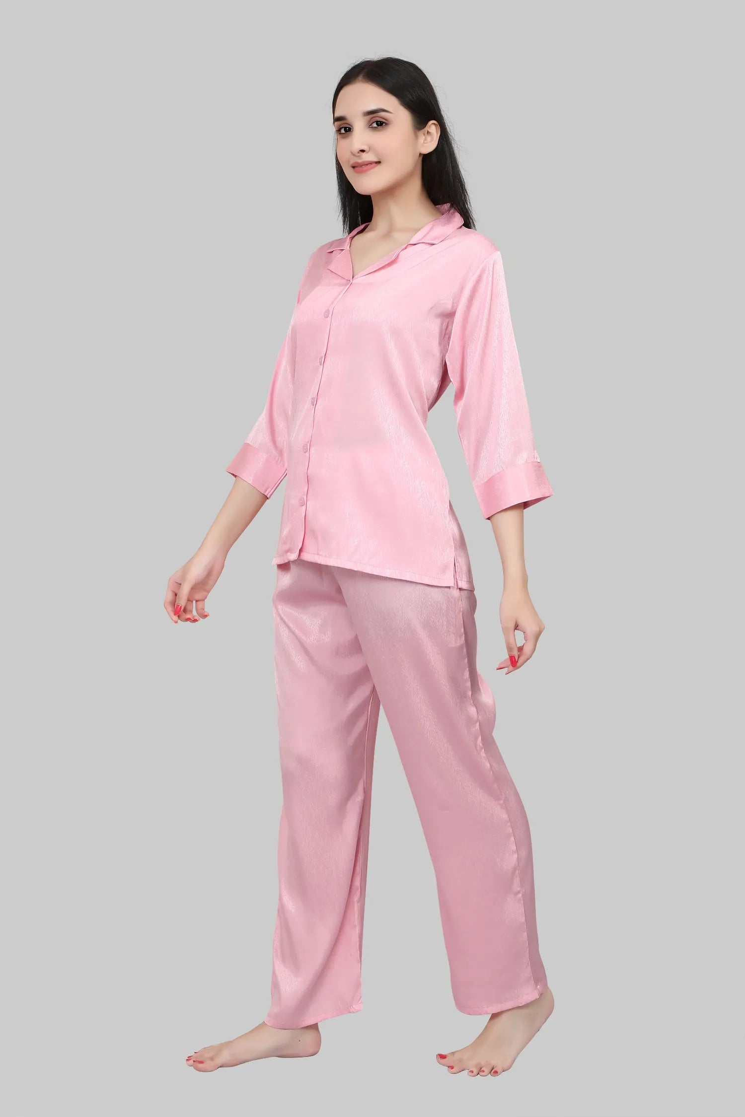 Velure Glossy Pink Satin Night Suit - Velure - - 3/4 Sleeves, Collar Neck, Front Button Open, Full Length Pant, Satin