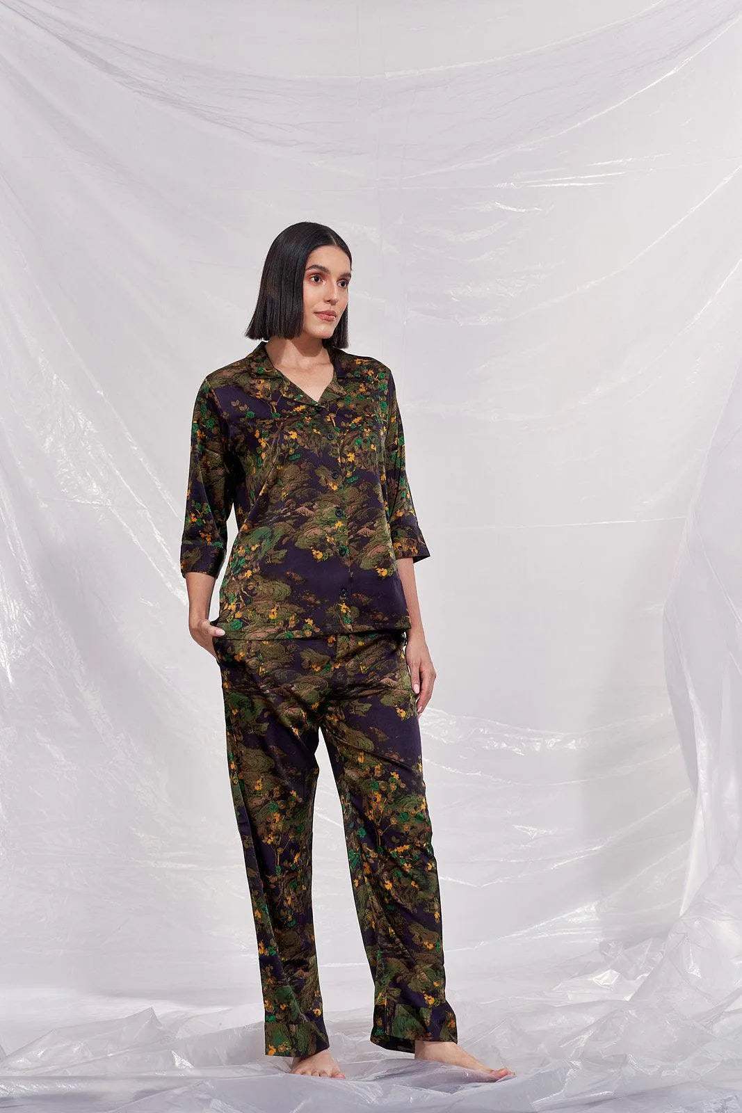 Velure Floral Print Satin Night Suit - Velure - Shirt and Pant - 3/4 Sleeves, Collar Neck, Floral Print, Front Button Open, Full Length Pant, Satin