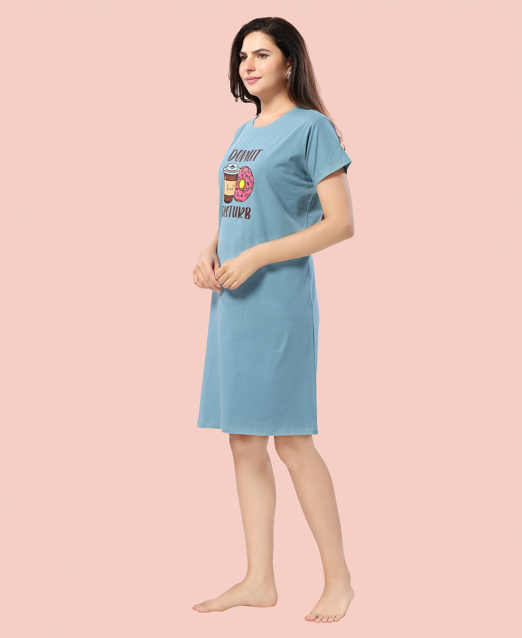 Velure Cheerful Donut Printed Short Nighty - Velure - - Cotton, Half Sleeves, Knee Length, Printed, Round neck