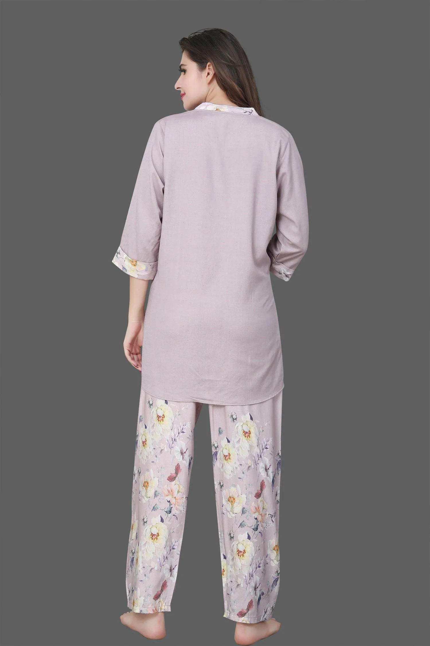 Velure Sleek Floral Print Kurti Style Night Suit - Velure - - 3/4 Sleeves, Collar Neck, Full Length Pant, Linen, Printed