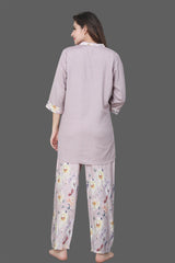 Velure Sleek Floral Print Kurti Style Night Suit - Velure - Long Top and Pant - 3/4 Sleeves, Collar Neck, Full Length Pant, Linen, Printed