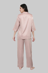 Velure Classic Shiny Satin Night Suit - Velure - - 3/4 Sleeves, Collar Neck, Front Button Open, Satin