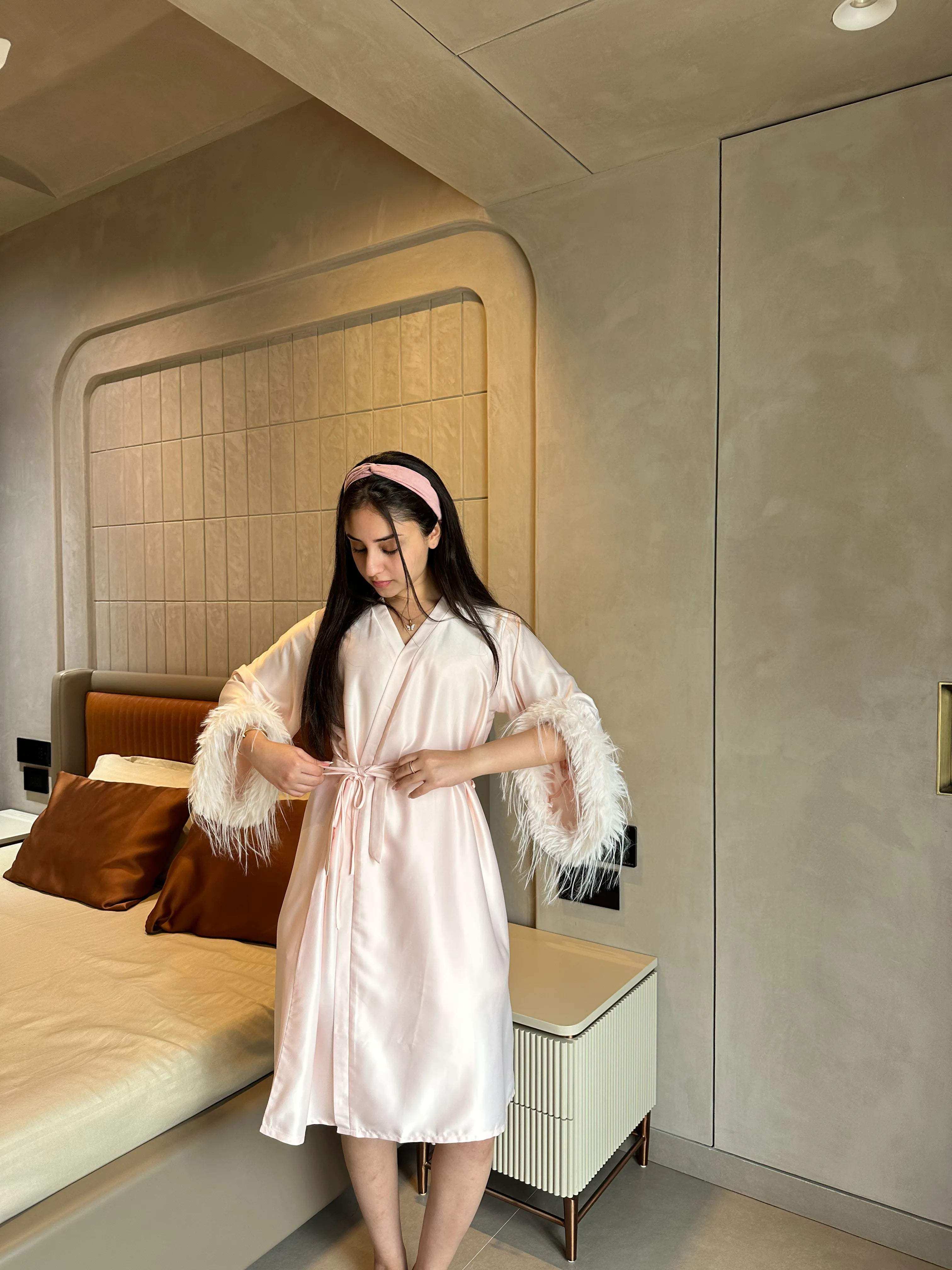 Velure Dreamy Peach Robe (Only Robe) - Velure - - 3/4 Length, Center Drawstring, Robe, Satin