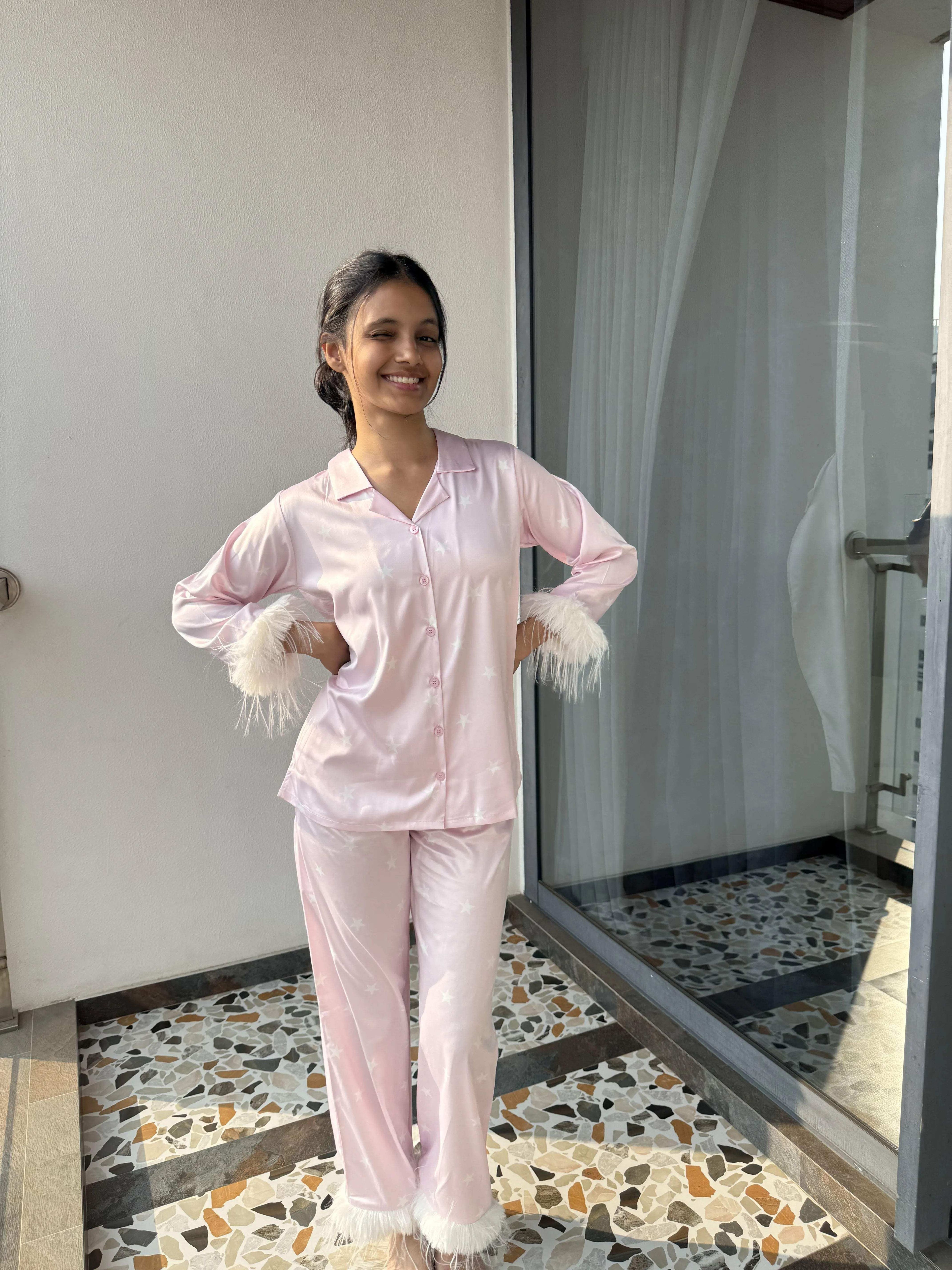 Velure Adorable Star Print Satin Night Suit - Velure - - Detail-printedfur, Front Button Open, Full Length Pant, Fur, Satin