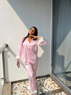 Velure Elegant Heart Print Satin Fur Night Suit - Velure - Shirt and Pant - Detail-printedfur, Front Button Open, Full Length Pant, Fur, Satin
