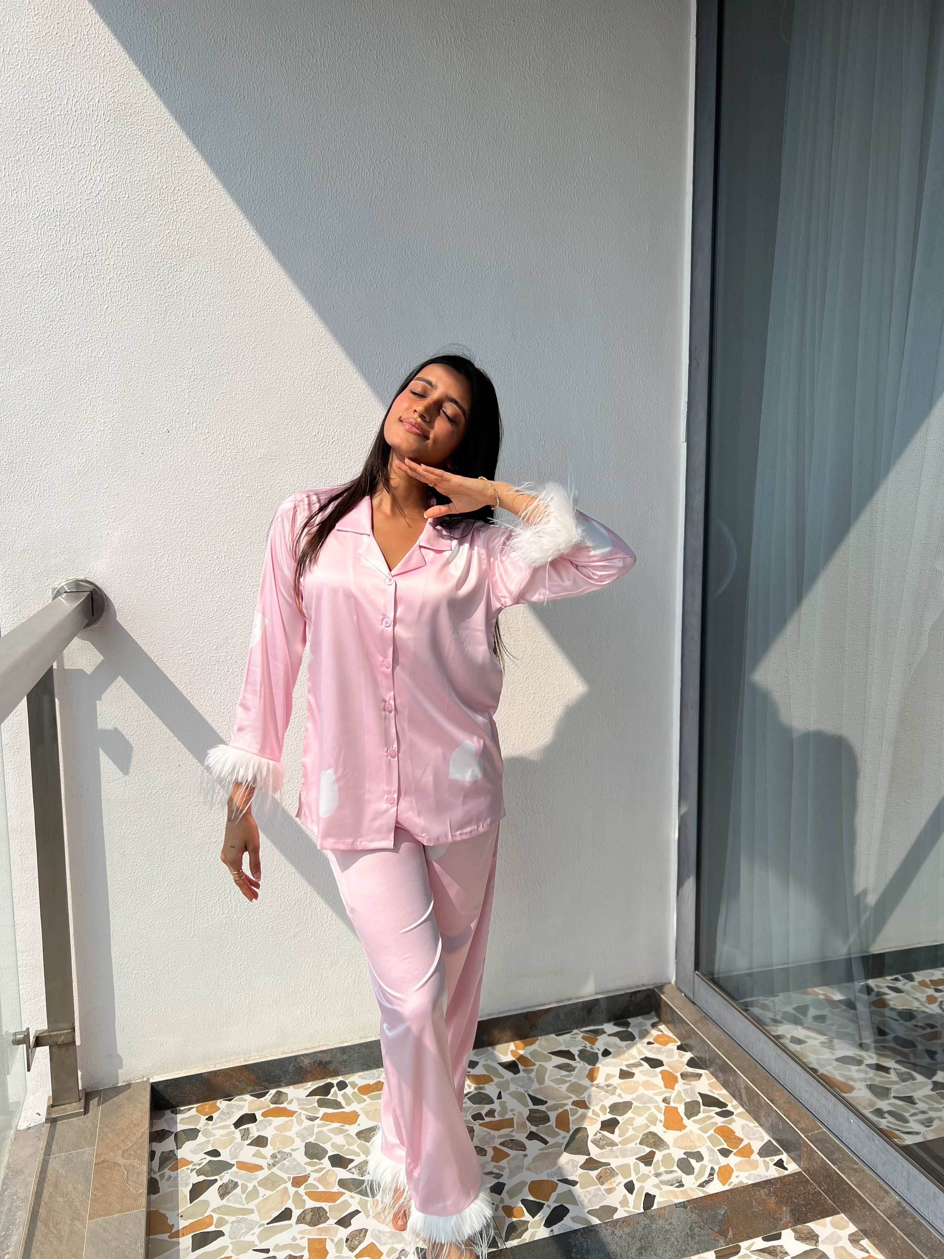 Velure Elegant Heart Print Satin Fur Night Suit - Velure - Shirt and Pant - Detail-printedfur, Front Button Open, Full Length Pant, Fur, Satin