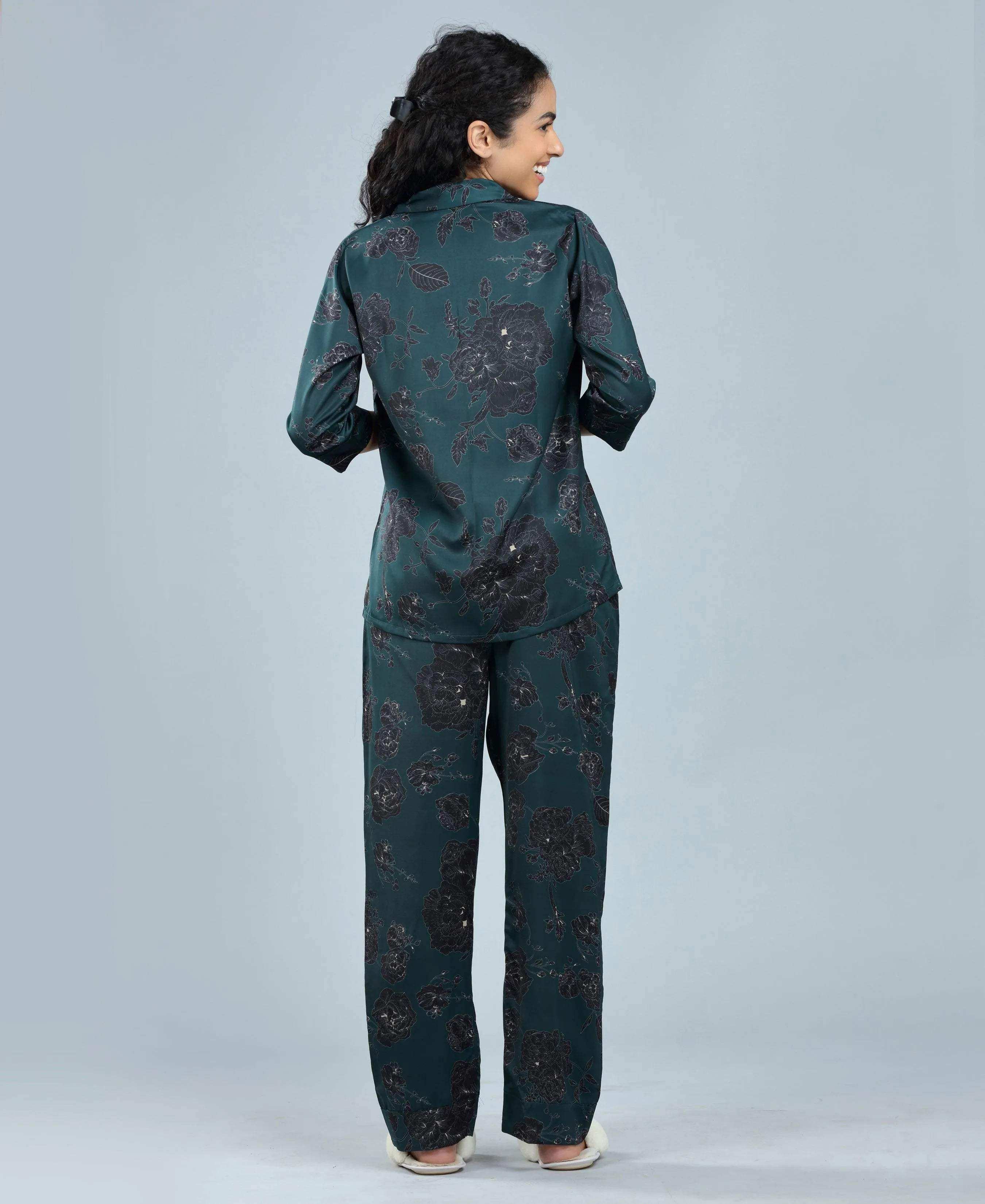 Velure Delightful Floral Satin Print Night Suit - Velure - - Collar Neck, Floral Print, Front Button Open, Full Length Pant, Satin