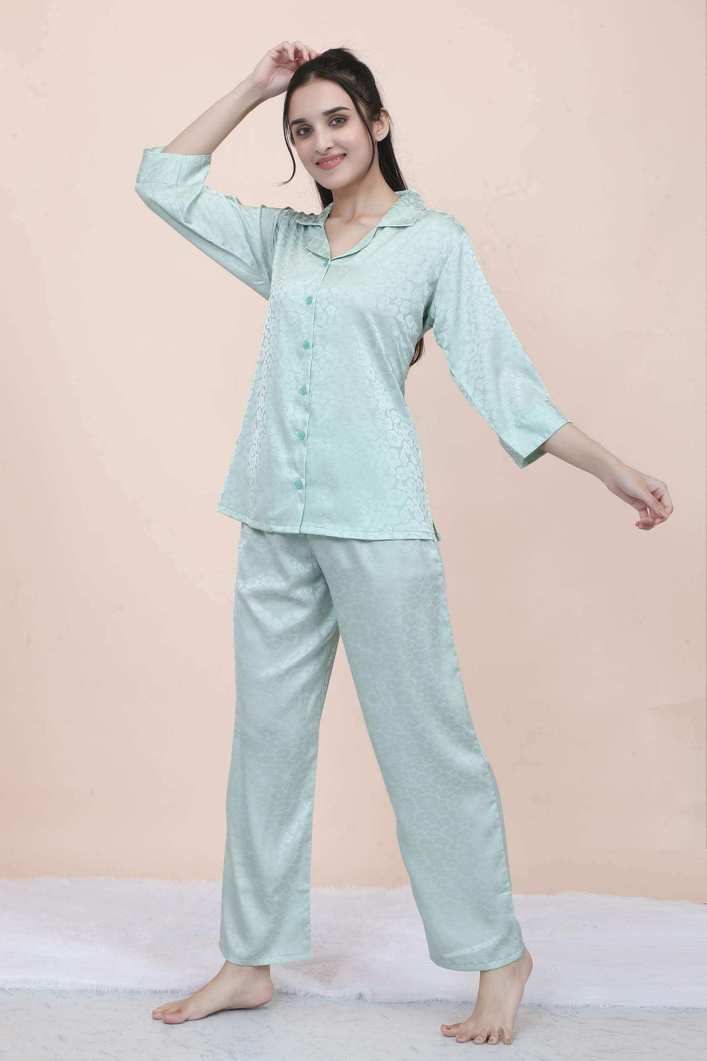 Velure Abstract Floral Print Satin Night Suit - Velure - - 3/4 Sleeves, Collar Neck, Floral Print, Front Button Open, Full Length Pant, Satin