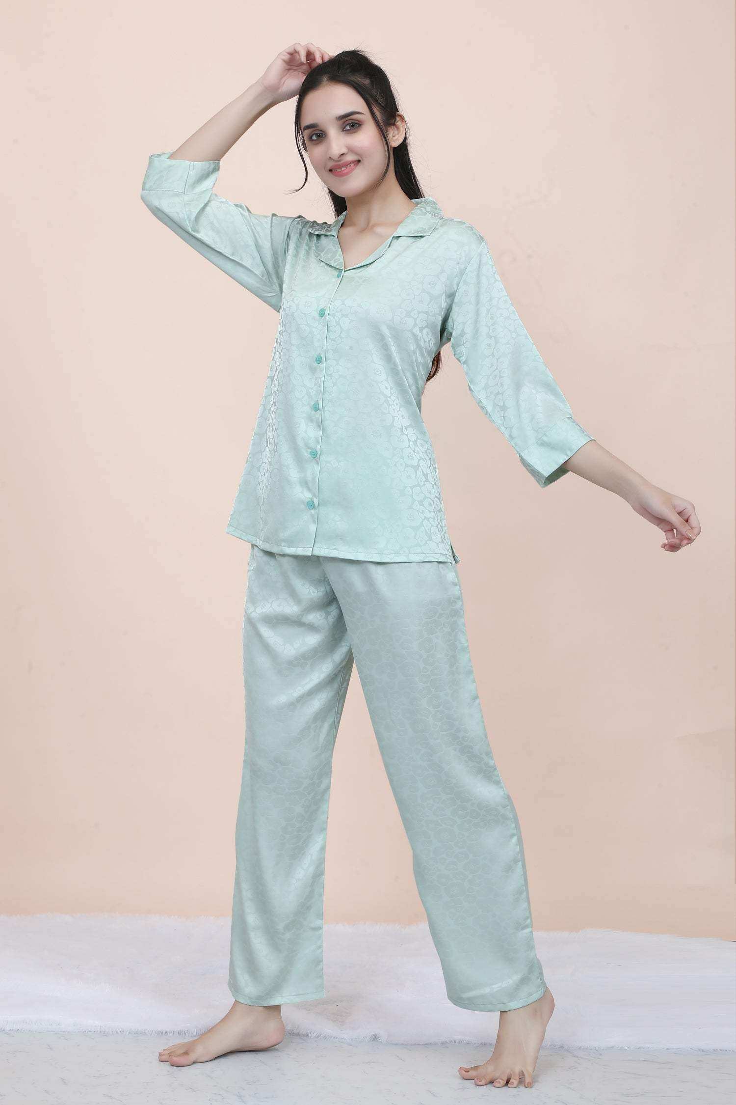 Velure Abstract Floral Print Satin Night Suit - Velure - - 3/4 Sleeves, Collar Neck, Floral Print, Front Button Open, Full Length Pant, Satin