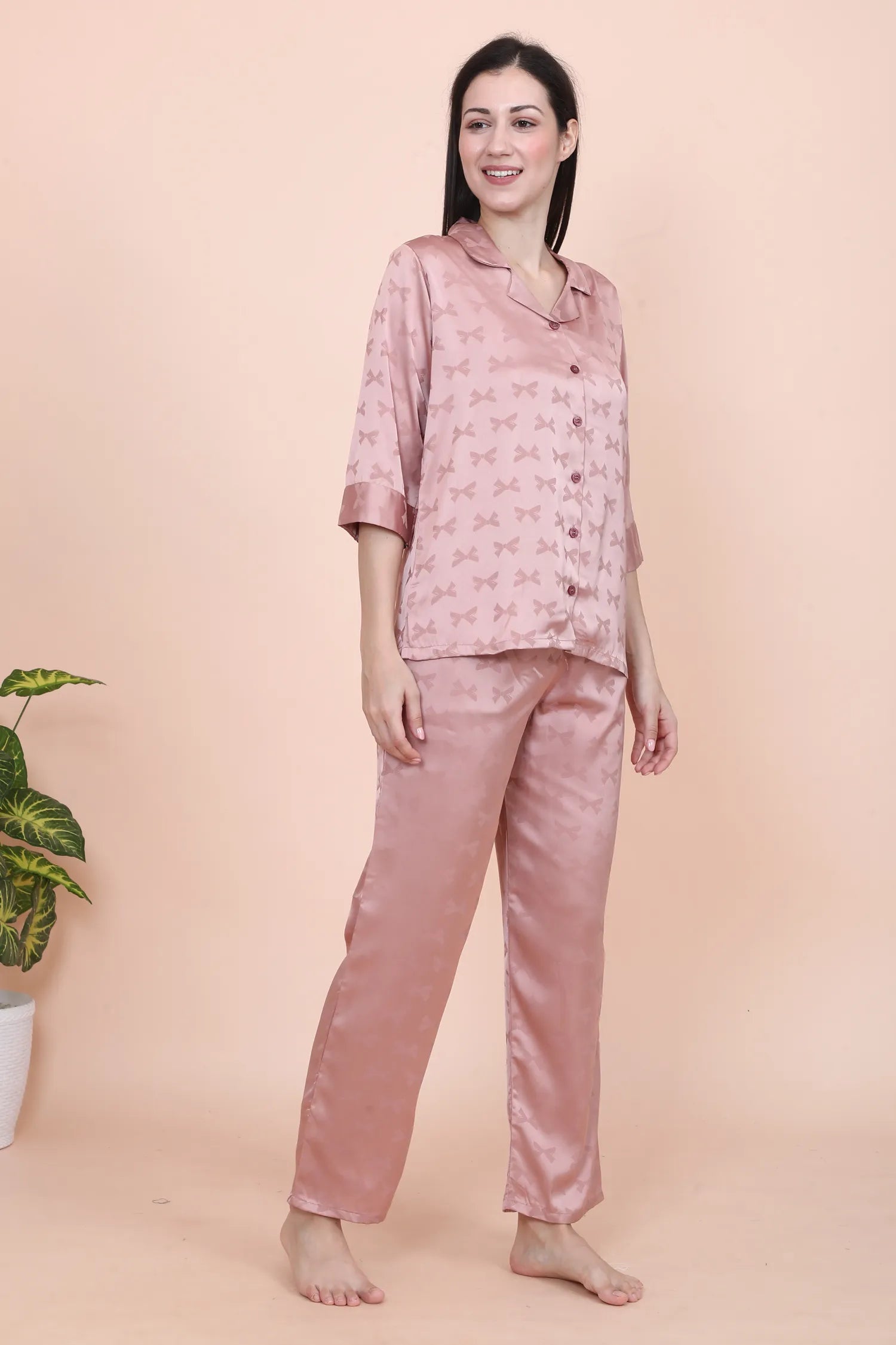 Velure Stunning Peach Bow Print Satin Night Suit