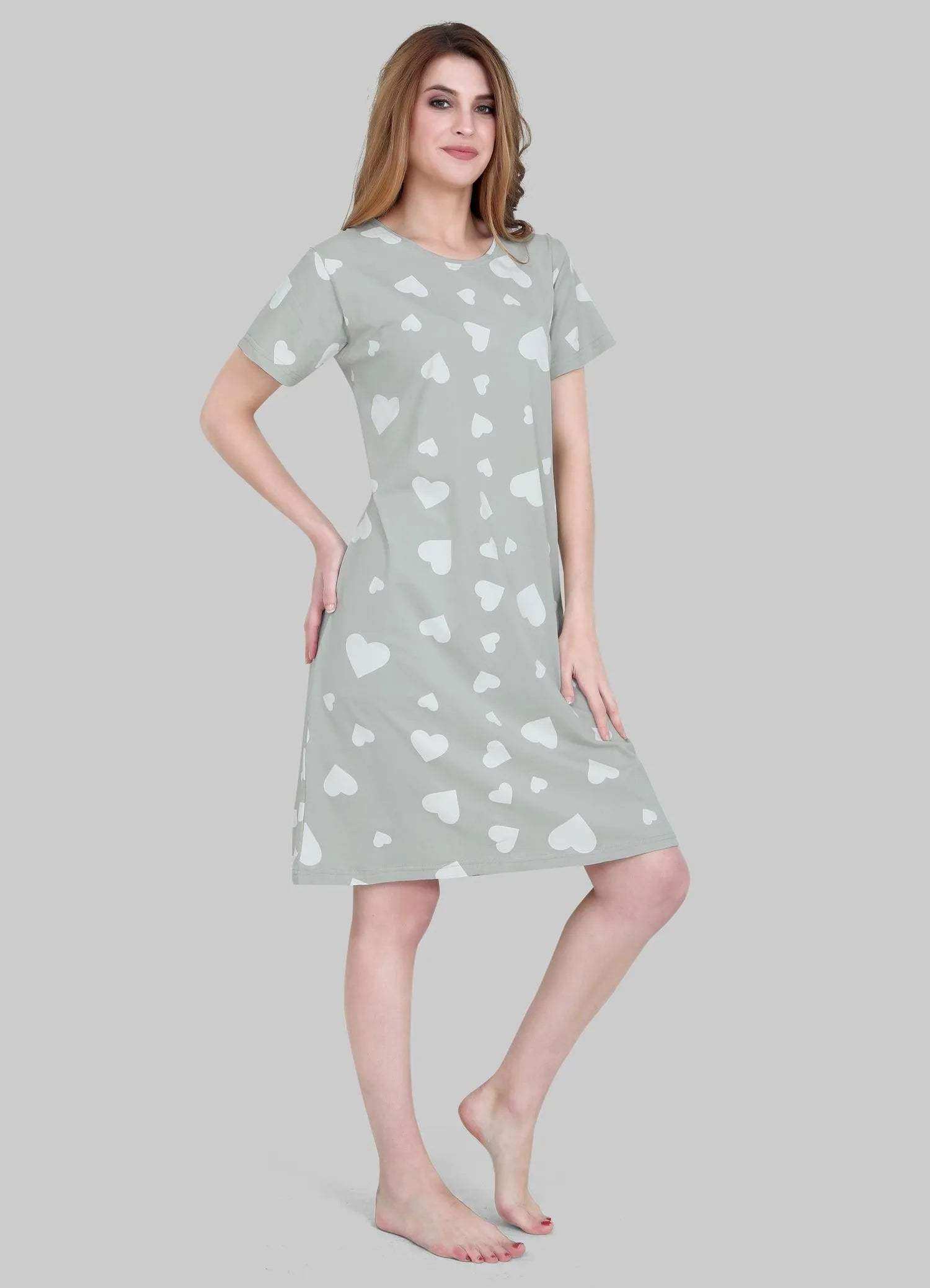 Velure Fashionable All-Over Heart Print Short Nighty - Velure - - Cotton, Half Sleeves, Knee Length, Printed, Round neck