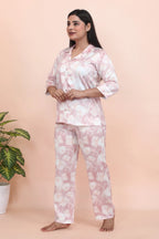 Velure Glamorous Rose Print Night Suit - Velure - - 3/4 Sleeves, Collar Neck, Floral Print, Front Button Open, Full Length Pant, Satin